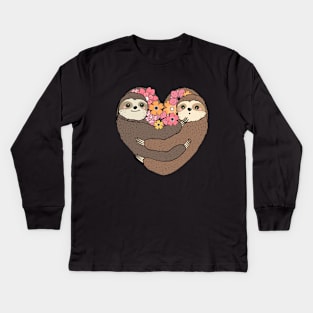 Sloths hugs, lovers couple cute, pink  flowers Kids Long Sleeve T-Shirt